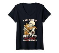 Mujer Halloween I Just Want To Pet Cats and Watch Horror Movies Camiseta Cuello V