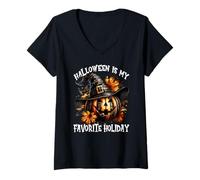 Mujer Halloween Is My Favorite Holiday Jack O Lantern Pumpkin Camiseta Cuello V