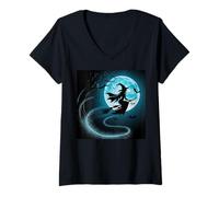 Mujer Halloween Luna Bruja Azul Espeluznante Noche De Miedo Diversión Camiseta Cuello V