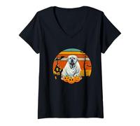Mujer Halloween Mastiff Dog Spooky Ghost Pumpkin Haunted House Camiseta Cuello V