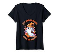 Mujer Halloween Mi Escoba Corre en café Camiseta Cuello V