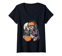 Mujer Halloween Oso Gamer Castillo Embrujado Video Gaming Camiseta Cuello V