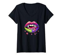 Mujer Halloween Paint Art Labios Vampiro Colmillos Camiseta Cuello V