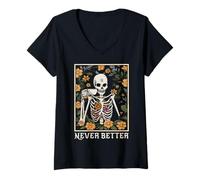 Mujer Halloween para Mujer, Nunca Mejor Esqueleto, Graciosa Calavera Camiseta Cuello V
