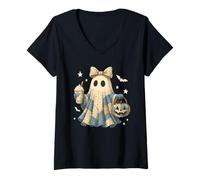 Mujer Halloween Patchwork Ghost Coquette Boo Shirt Cute Fall Women Camiseta Cuello V