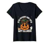 Mujer Halloween Profesora Retro Halloween Mujer - Calabaza Leopard Camiseta Cuello V