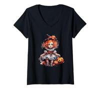 Mujer Halloween Pumpkin Doll Cute Spooky Witch Camiseta Cuello V