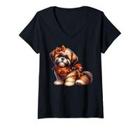 Mujer Halloween Shih Tzu In Orange Bow Pumpkin Bandana For Dog Mom Camiseta Cuello V