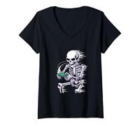 Mujer Halloween Skeleton Gamer Playing Video Games Camiseta Cuello V