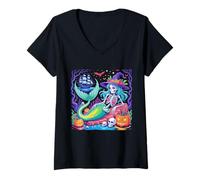 Mujer Halloween Skeleton Mermaid con sombrero de bruja Camiseta Cuello V
