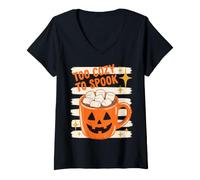 Mujer Halloween Too Cozy To Spook Retro Hot Cocoa Pumpkin Lover Camiseta Cuello V
