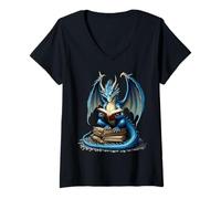 Mujer Halloween Vibes Fantasía Dragón Leyendo Amante de Libros Mágicos Camiseta Cuello V