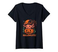 Mujer Hallowlotl Cute Axolotl Halloween Pumpkin Witch Camiseta Cuello V