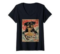 Mujer Hambriento Rottweiler Perro Comiendo Fideos Ramen Arte japonés Camiseta Cuello V