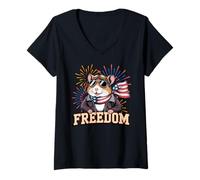 Mujer Hámster aviador patriótico con gafas de sol y bufanda de bandera Camiseta Cuello V