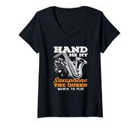 Mujer Hand Me My Saxophone Queen Jazz Jazz Saxofonista Camiseta Cuello V