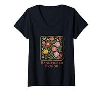 Mujer Handpicked by God Floral Folk Art Garden Christian Camiseta Cuello V