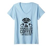 Mujer Hands Up Coffee Primer oficial de policía Departamento de policía Camiseta Cuello V