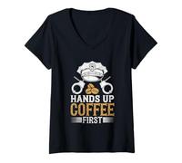 Mujer Hands Up Coffee Primer oficial de policía Departamento de policía Camiseta Cuello V