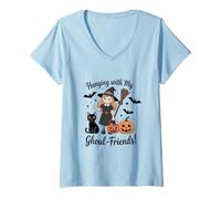 Mujer Hanging with My Ghoul Friends Camisa Linda Bruja Gato Calabaza Camiseta Cuello V