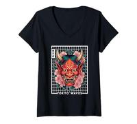 Mujer Hannya Oni Grid Devil Yokai Demonio Japonés Tatuaje Máscara Oni Camiseta Cuello V
