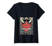 Mujer Hannya Oni Máscara Diablo Yokai Demonio Japonés Tatuaje Máscara Oni Camiseta Cuello V