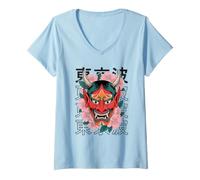 Mujer Hannya Oni Máscara Diablo Yokai Demonio Japonés Tatuaje Máscara Oni Camiseta Cuello V