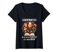 Mujer Happiness Cup of Coffee and a Good Book Brown Fall Reading Camiseta Cuello V