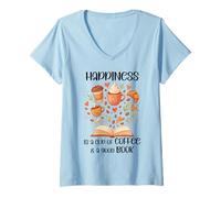 Mujer Happiness Cup of Coffee and a Good Book Lovers Fall Reading Camiseta Cuello V