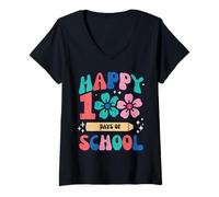 Mujer Happy 100 Days of School Flowers 100th Day Groovy Girls Kids Camiseta Cuello V