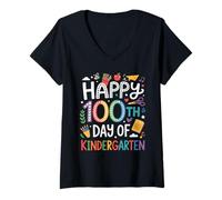 Mujer Happy 100th Day Kindergarten Rainbow Lettering Maestro Camiseta Cuello V