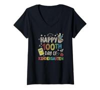 Mujer Happy 100th Day of Kindergarten School Multicolor Camiseta Cuello V