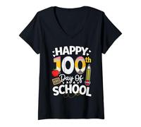 Mujer Happy 100th Day of School Teachers Boys Kids Retro 100th Day Camiseta Cuello V