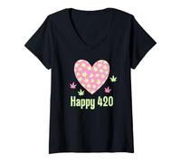 Mujer Happy 420 Pot Leaf Weed Stoner - Hoja de Marihuana Rosa para Mujer Camiseta Cuello V
