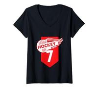 Mujer Happy 7th Birthday Boy Red Color Ice Hockey Theme Camiseta Cuello V