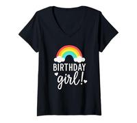 Mujer Happy, Birthday Girls 1 to 12 Kids, Fun Party Rainbow Hearts Camiseta Cuello V
