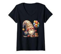 Mujer Happy Birthday GNOME For Women Girls Boys Colorful Balloons Camiseta Cuello V