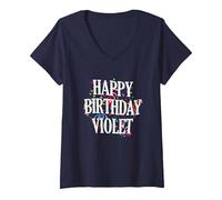 Mujer Happy Birthday Violet First Name Girls Colorful Bday Camiseta Cuello V, Azul Marino, M