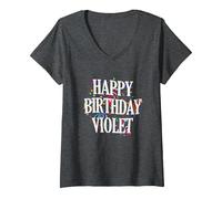Mujer Happy Birthday Violet First Name Girls Colorful Bday Camiseta Cuello V, Jaspeado Oscuro, L