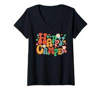 Mujer Happy Camper Retro Verano Campamento Camping Trip Mujer Niña Camiseta Cuello V