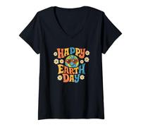 Mujer Happy Earth Day Retro 70s Groovy Globe Heart Gafas de Sol Camiseta Cuello V