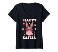 Mujer Happy Easter Cute Bunny Face with Bubble Gum Glasses Camiseta Cuello V