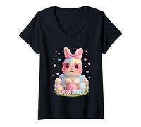 Mujer Happy Easter Cute Bunny Glasses Pastel Rainbow Bunny Eggs Camiseta Cuello V