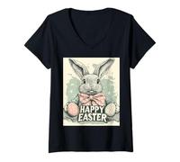 Mujer Happy Easter Divertido Conejo de Pascua Huevos de Pascua Vintage Retro Camiseta Cuello V