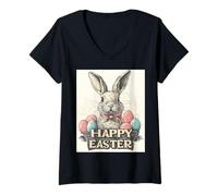Mujer Happy Easter Divertido Conejo de Pascua Huevos de Pascua Vintage Retro Camiseta Cuello V