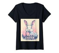 Mujer Happy Easter Divertido Conejo de Pascua Huevos de Pascua Vintage Retro Camiseta Cuello V