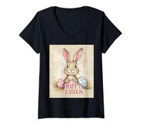 Mujer Happy Easter Divertido Conejo de Pascua Huevos de Pascua Vintage Retro Camiseta Cuello V