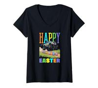 Mujer Happy Easter Monster Truck Cool Digger Niños Niños Niños Camiseta Cuello V