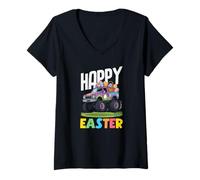 Mujer Happy Easter Monster Truck Purple Pickup Basket Huevos Niños Camiseta Cuello V
