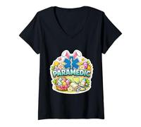 Mujer Happy Easter Paramedic EMT EMS Star of Life Bunny Eggs Orejas Camiseta Cuello V